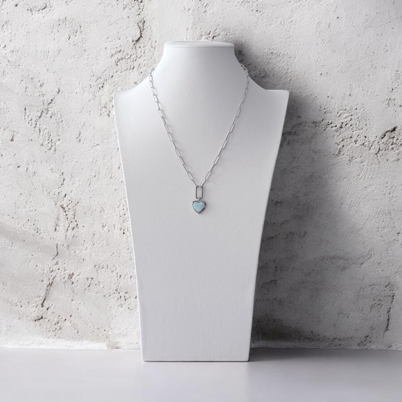 NWT Natural Larimar 925 Sterling Silver Heart Paperclip Chain Necklace! NEW! - Picture 3 of 8